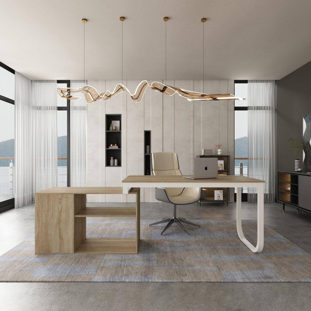 FUFU&GAGA  55.1 in. L-Shaped Beige Wood Computer Desk Writing Desk Office Executive Desk W/Removable Tabletop. Shelves. 3-Drawers