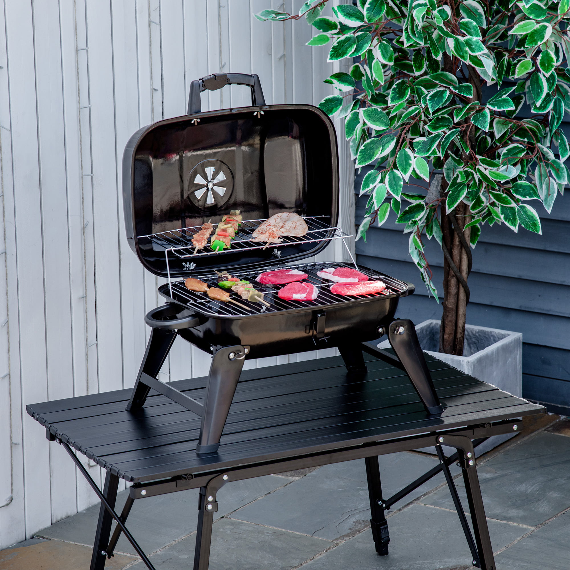 Outsunny 14″ Portable Charcoal Grill. Tabletop Small BBQ Grill for Outdoor Cooking. Camping. Tailgating. Enamel Coated. Vent. Folding Legs. Black