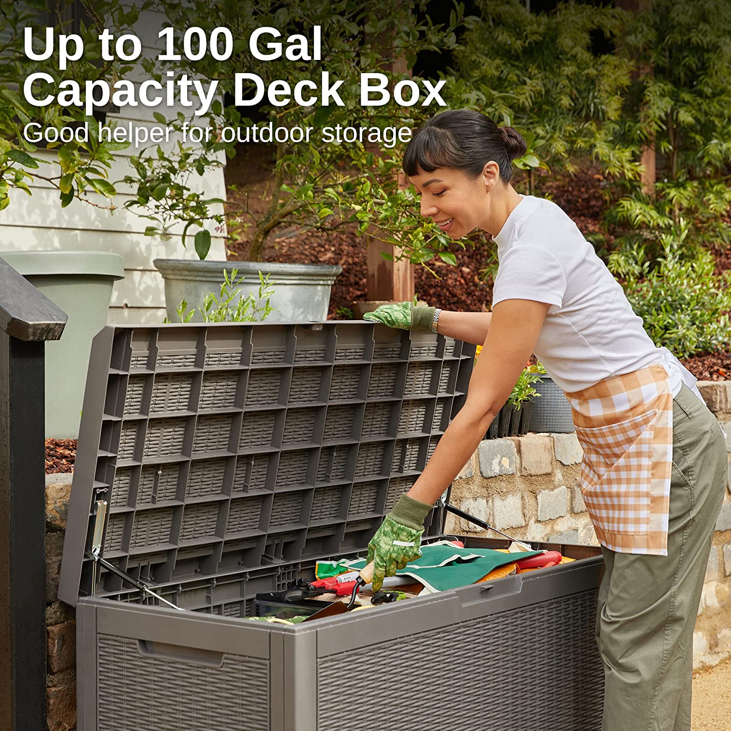 EAST OAK 100 Gallon Large Deck Box. Outdoor Storage Box with Padlock for Patio Furniture. Patio Cushions. Gardening Tools. Pool Supplies. Waterproof and UV Resistant. 660lbs Weight Capacity. Grey
