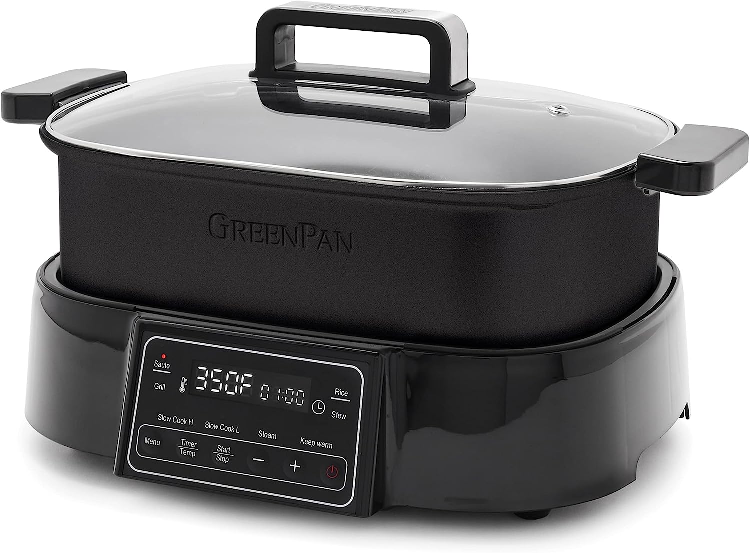 GreenPan 6.5QT Multi-Cooker Skillet Grill & Slow Cooker. 8-in-1 Presets to Saute.Steam. Grill. Stew.Slow Cook. Stir-Fry.Heat. & Cook Rice. Healthy Ceramic Nonstick & Dishwasher Safe Parts. Matte Black