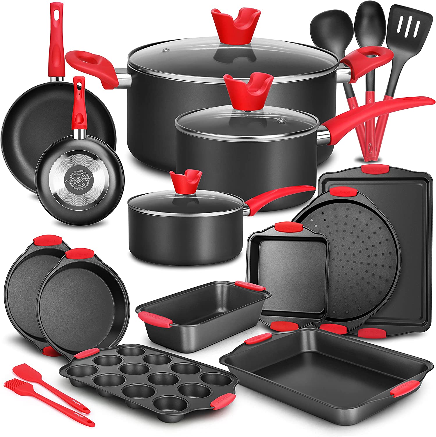 NutriChef w/Heat Red Silicone Handles. Oven Safe. 21 Piece Set. Black