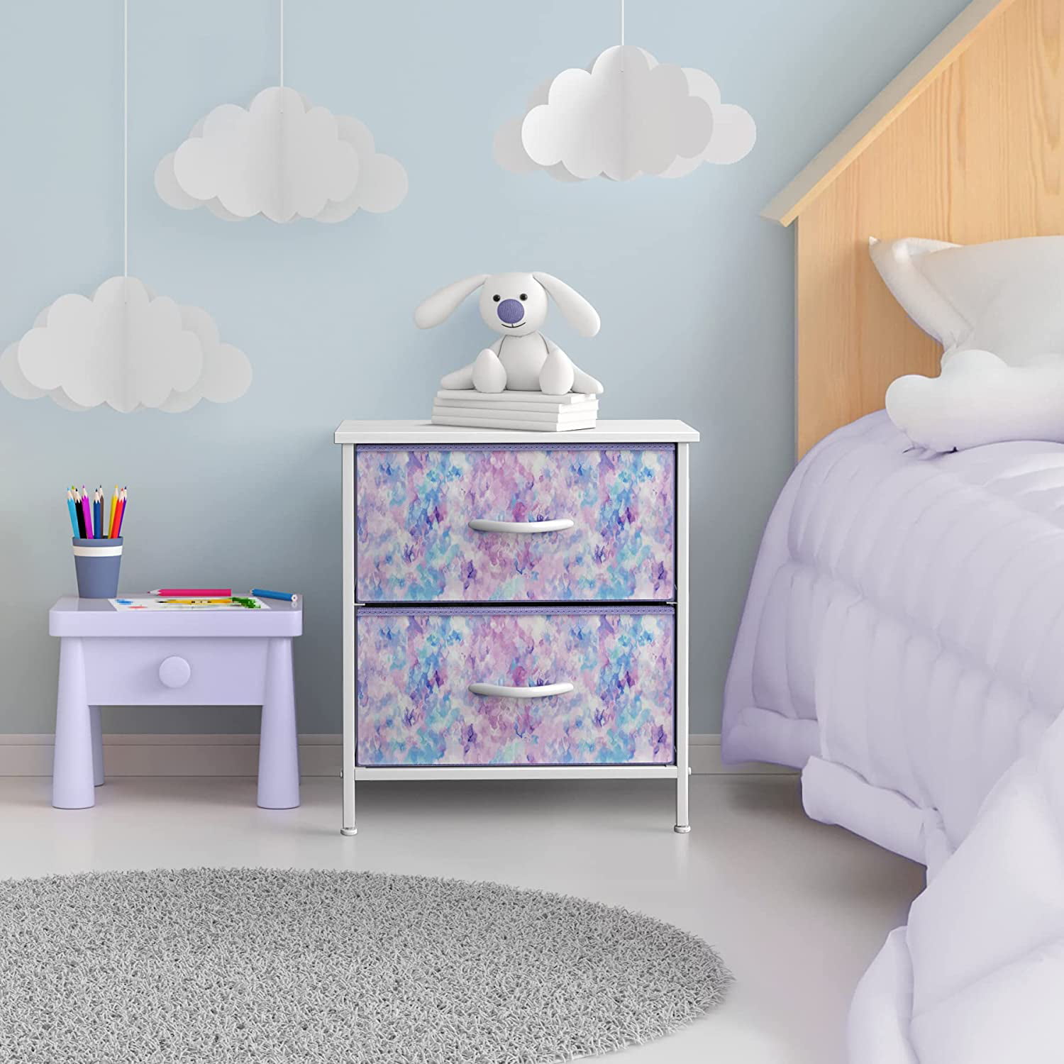Sorbus Nightstand with 2 Drawers - Bedside Furniture & Accent End Table Chest for Home. Bedroom. Office. College Dorm. Steel Frame. Wood Top. Easy Pull Fabric Bins (2-Drawer. Blue/Pink/Purple