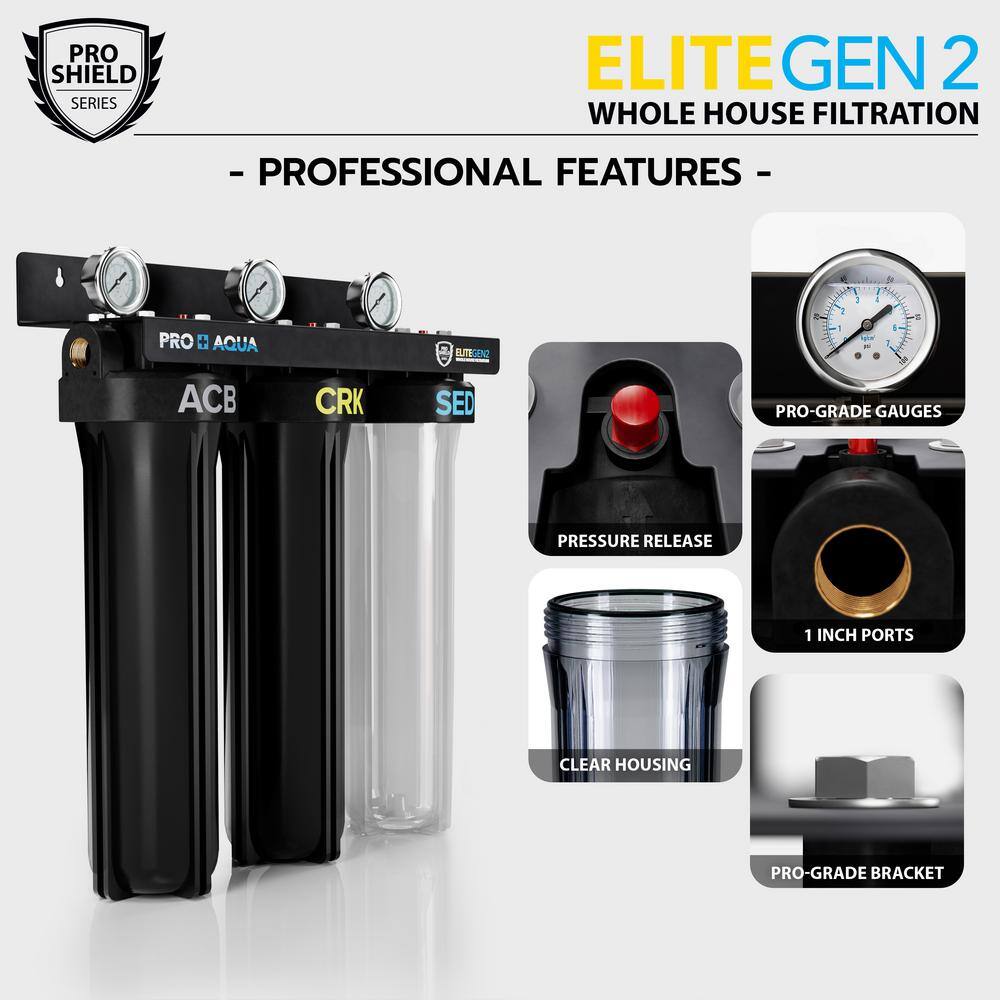 PRO+AQUA PRO-100-E-BNDL Elite Whole House Water Filter 3-Stage Well Water Filtration System with Gauges. PR Button 1 in. Ports Filter Set
