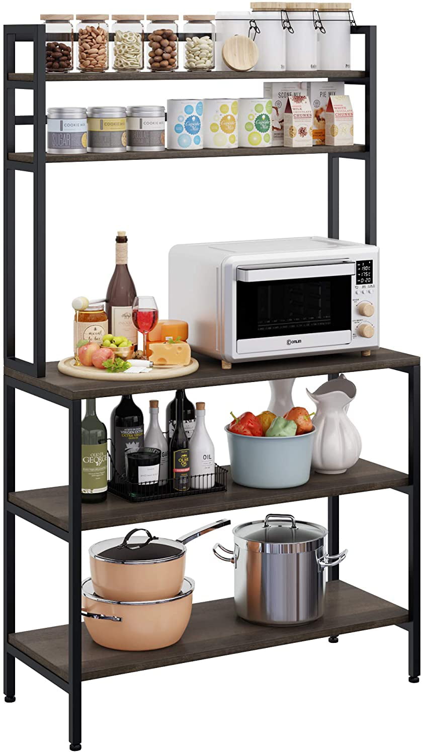 Homfa Bakers Rack. 5 Tier Kitchen Microwave Oven Stand with Hutch. Wood Storage Shelf for Dining Room. Dark Brown
