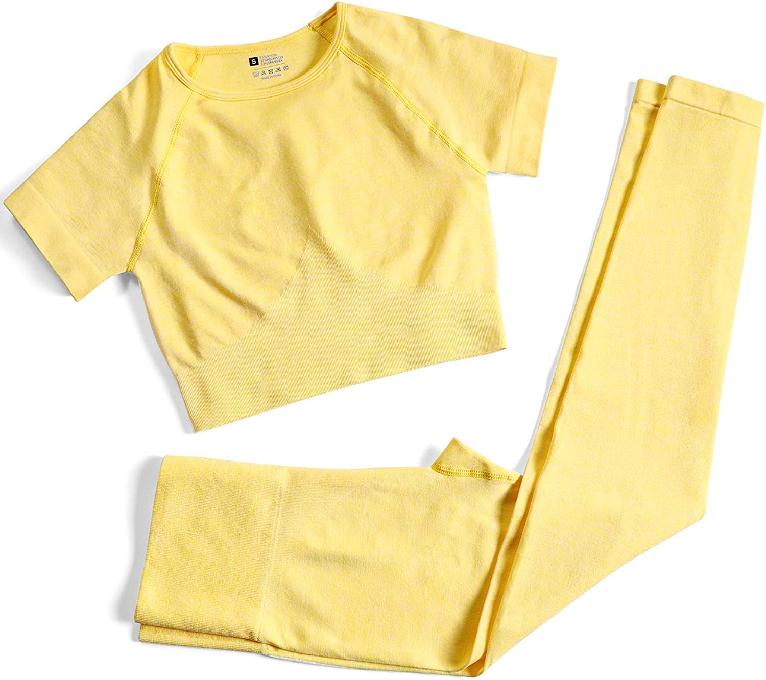 PINKSAVIOR Women's Two Piece Outfits Yoga Pants Set Seamless High Waist Leggings and Quick-Dry Yoga Crop Tops Athletic Sports Set. Yellow 