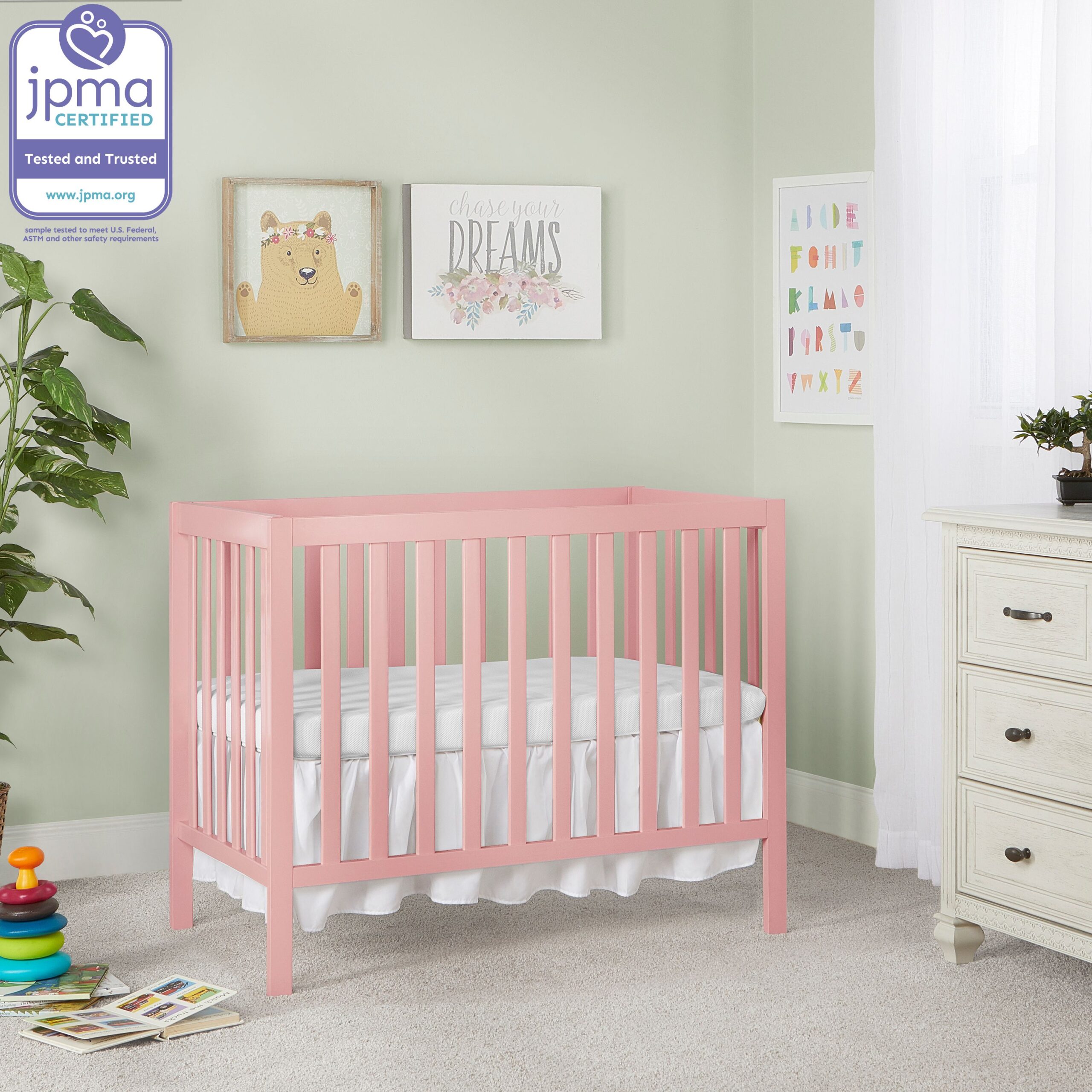 Dream On Me Edgewood 4 in 1 Convertible Mini Crib in Pink