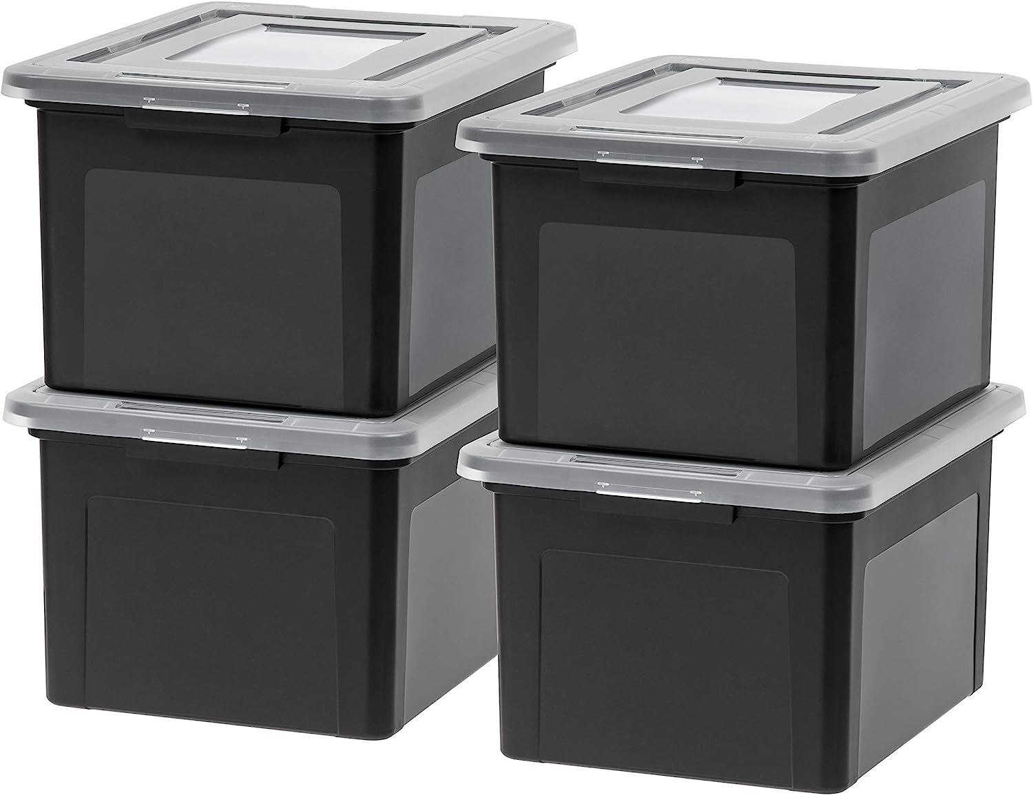 IRIS USA Letter/Legal File Tote Box. 4 Pack. BPA-Free Plastic Storage Bin Tote Organizer with Durable and Secure Latching Lid. Stackable and Nestable. Black/Clear
