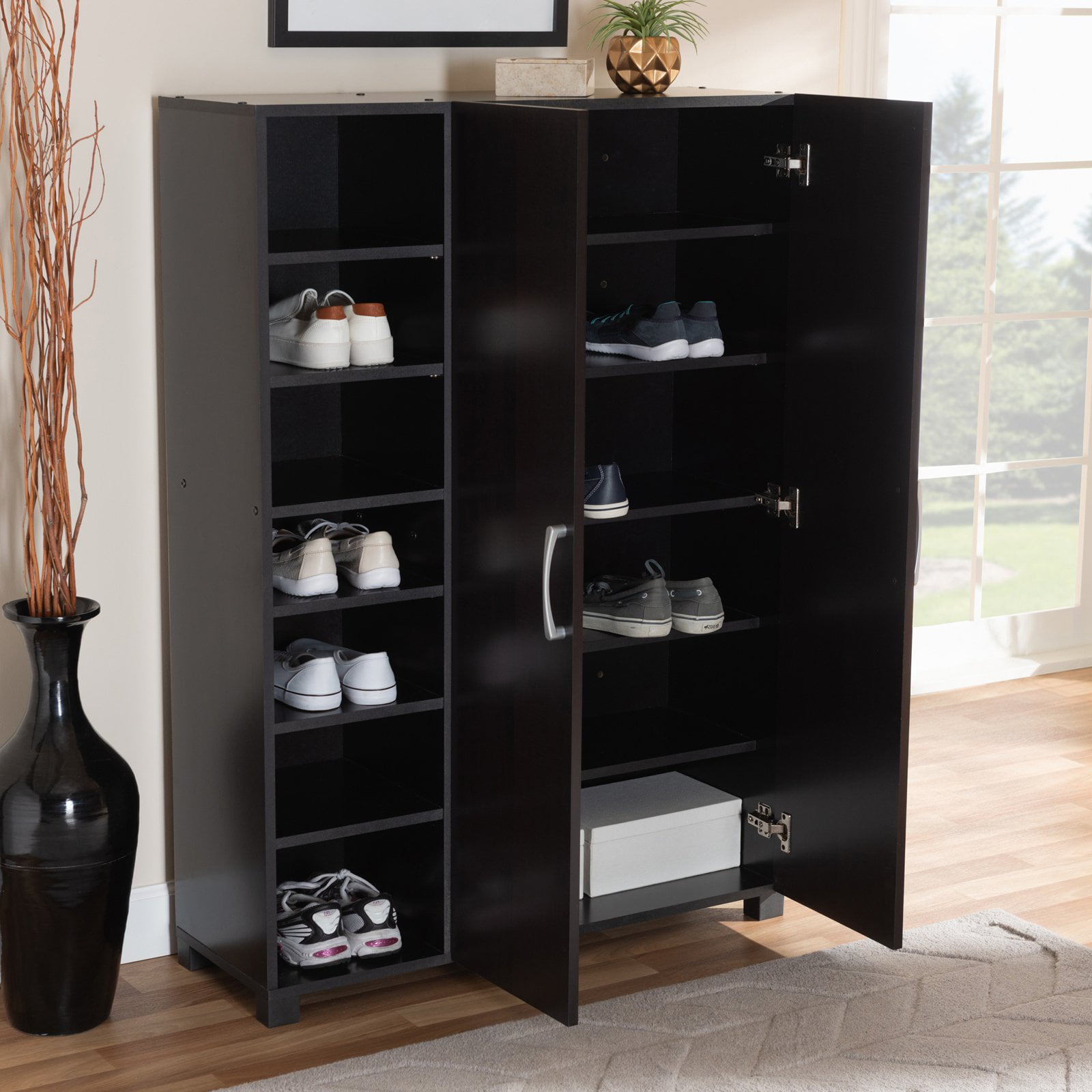 Baxton Studio 2 Door Entryway Shoe Storage Cabinet with Open Shelves.