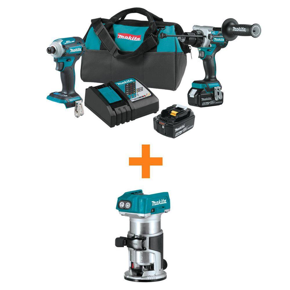 Makita XT288T-XTR01Z 18V LXT Lithium-Ion Brushless Cordless Combo Kit 5.0 Ah (2Pc) with bonus 18V LXT Brushless Variable Speed Compact Router