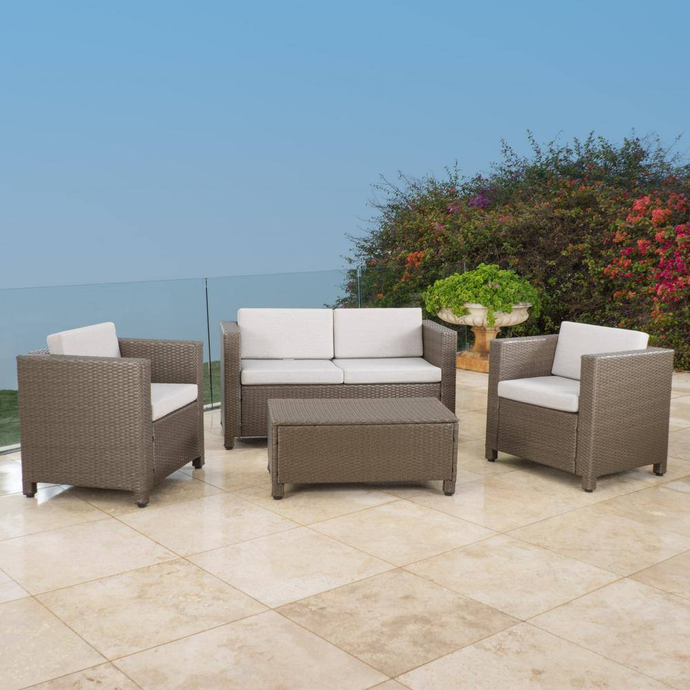 Noble House  Puerta Brown 4-Piece Plastic Patio Conversation Set with Gray Cushions