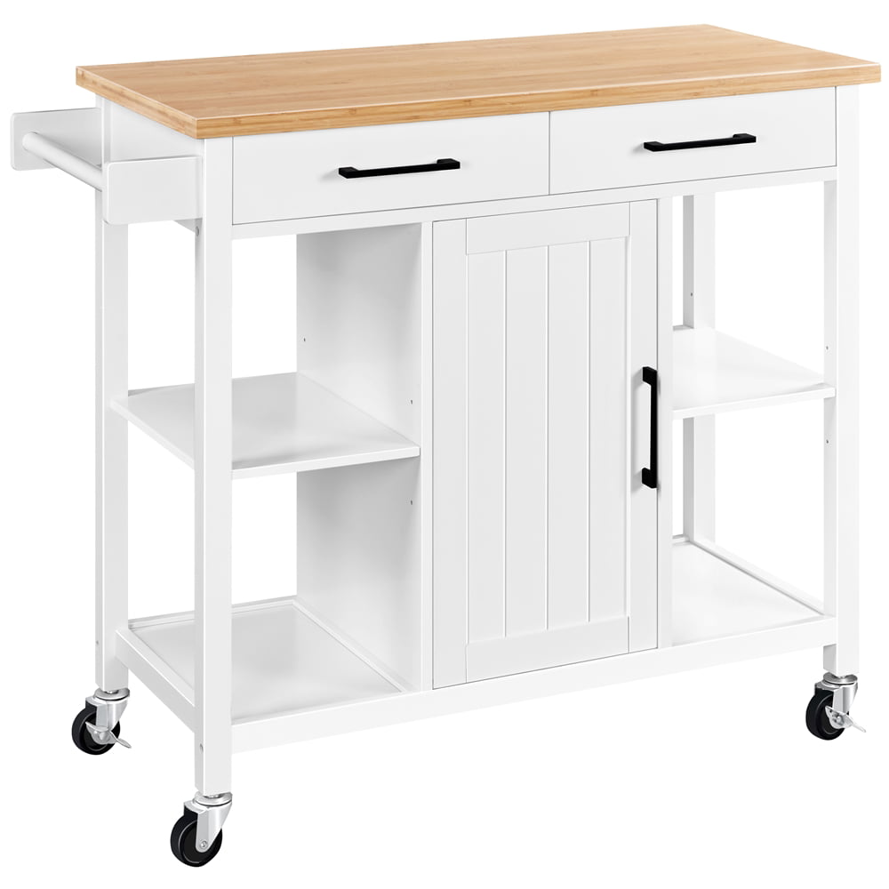 SmileMart Rolling Kitchen Storage Trolley Cart with Cabinet. Drawers and Towel Bar. White