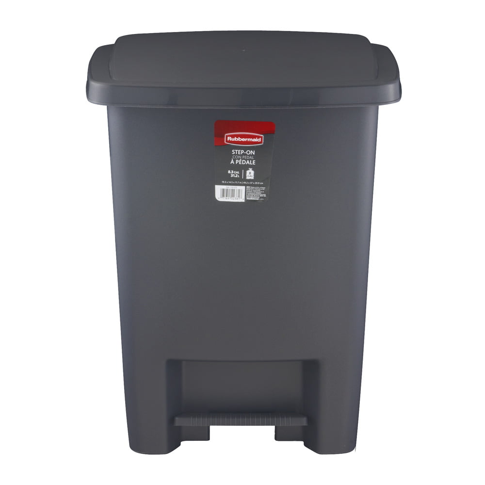 Rubbermaid 8.3 gal Step-on Plastic Kitchen Trash Can. Metallic
