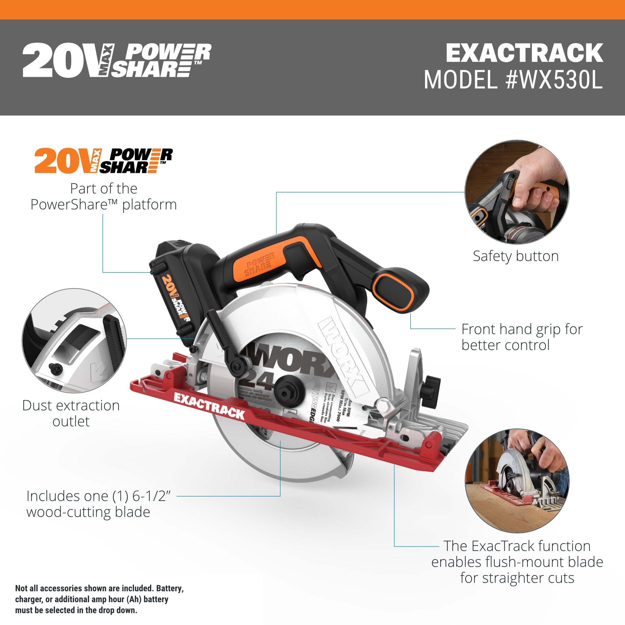 WORX 20-volt Max 6-1/2-in Cordless Circular Saw (1-Battery and Charger Included)