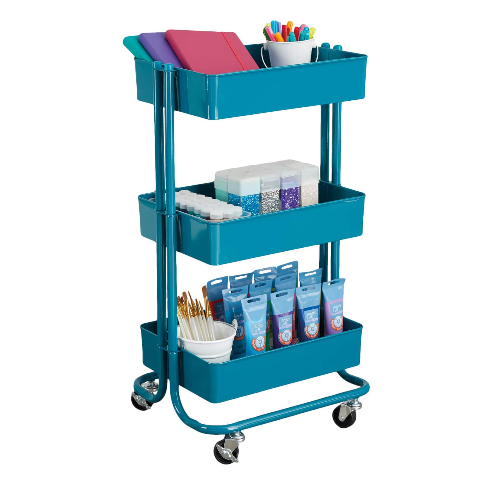 Simply Tidy Lexington 3-Tier Rolling Cart. Peacock Blue