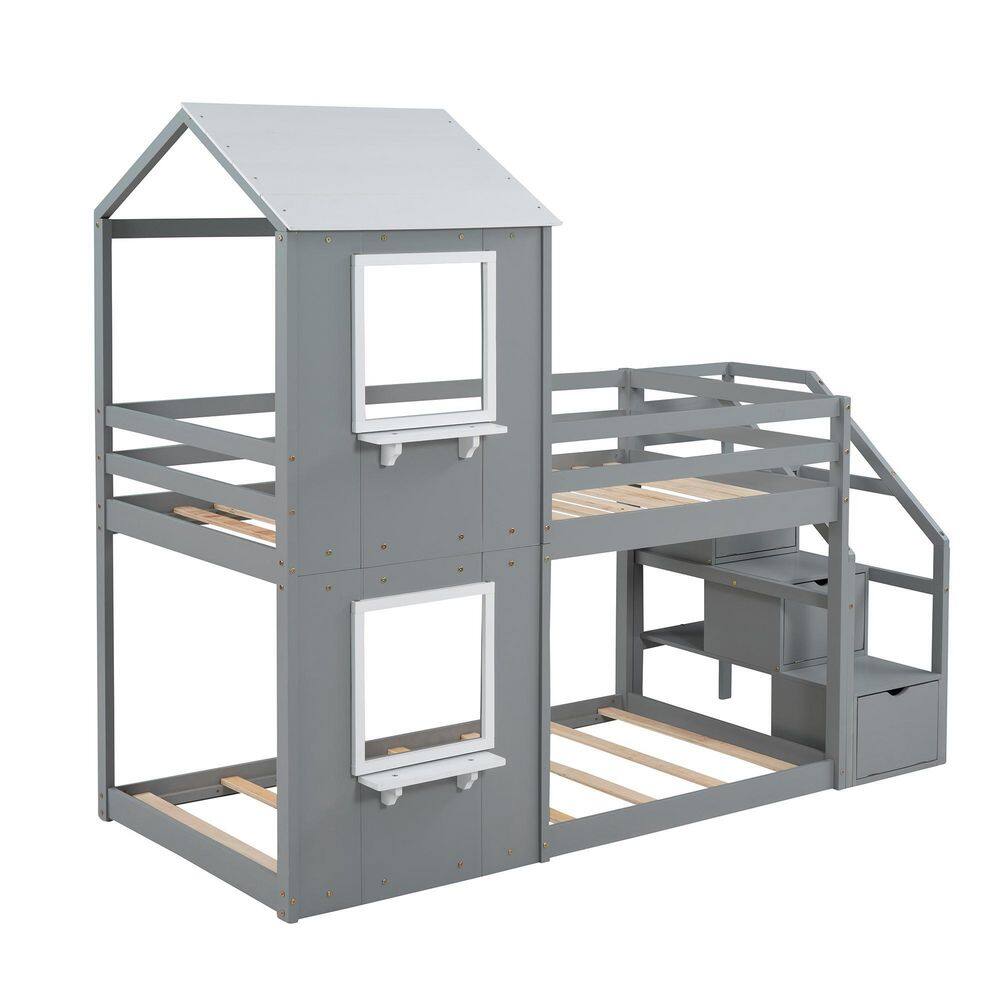 Qualler  Gray Twin Over Twin Bunk Bed with Storage Stairs