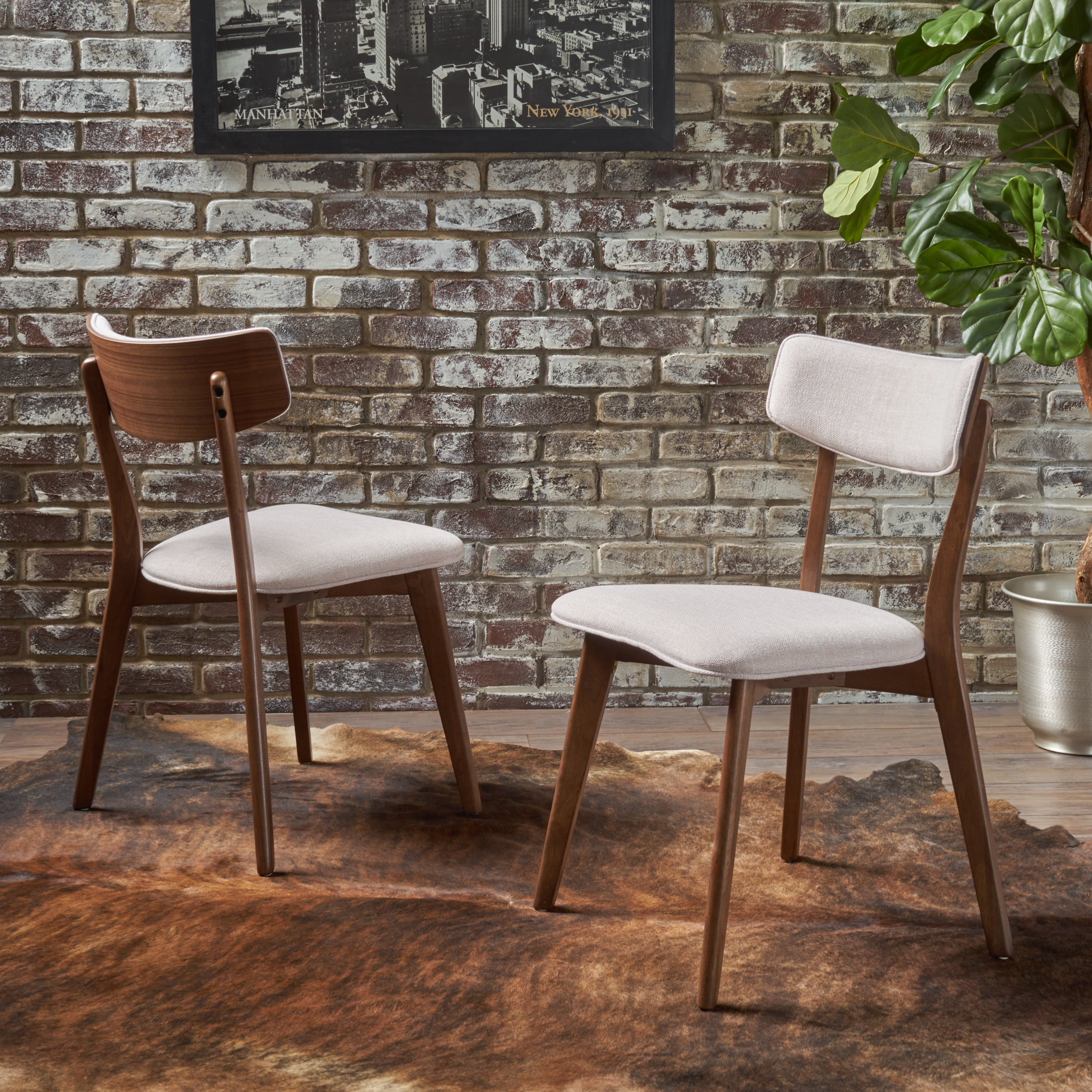 Noble House Sadie Indoor Mid-Century Fabric Dining Chairs. Set of 2. Beige. Walnut
