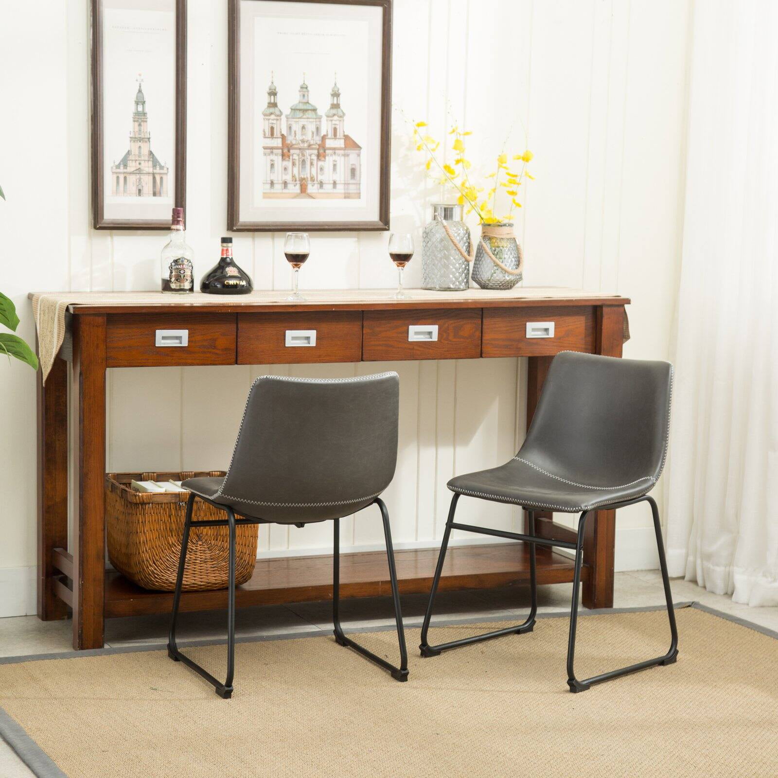 Roundhill Furniture Lotusville Dining Chair. Set of 2. Faux Leather. Antique Gray