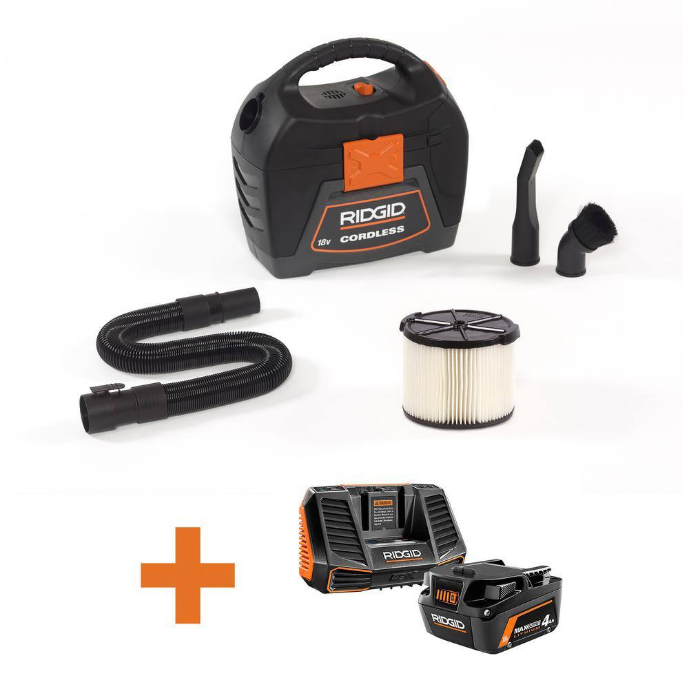RIDGID WD0319B 3 Gallon Cordless Handheld Wet/Dry Shop Vacuum with 18-Volt Lithium Ion MAX Output 4.0 Ah Battery and Charger