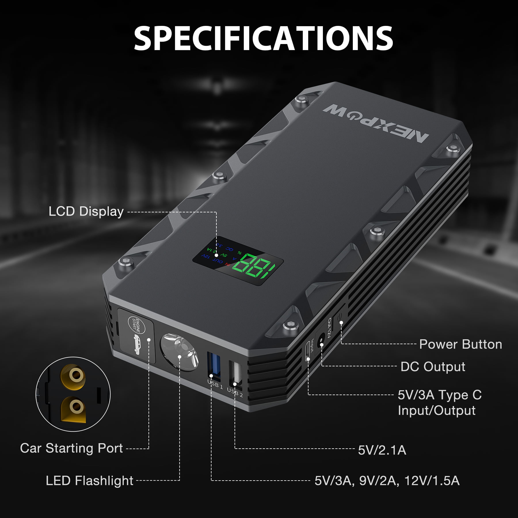 NEXPOW 2000A Peak Car Jump Starter - 12V Portable Battery Starter with USB Quick Charge 3.0 (up to 7.0L Gas or 6.5L Diesel Engine). Battery Booster with Built-in LED Light