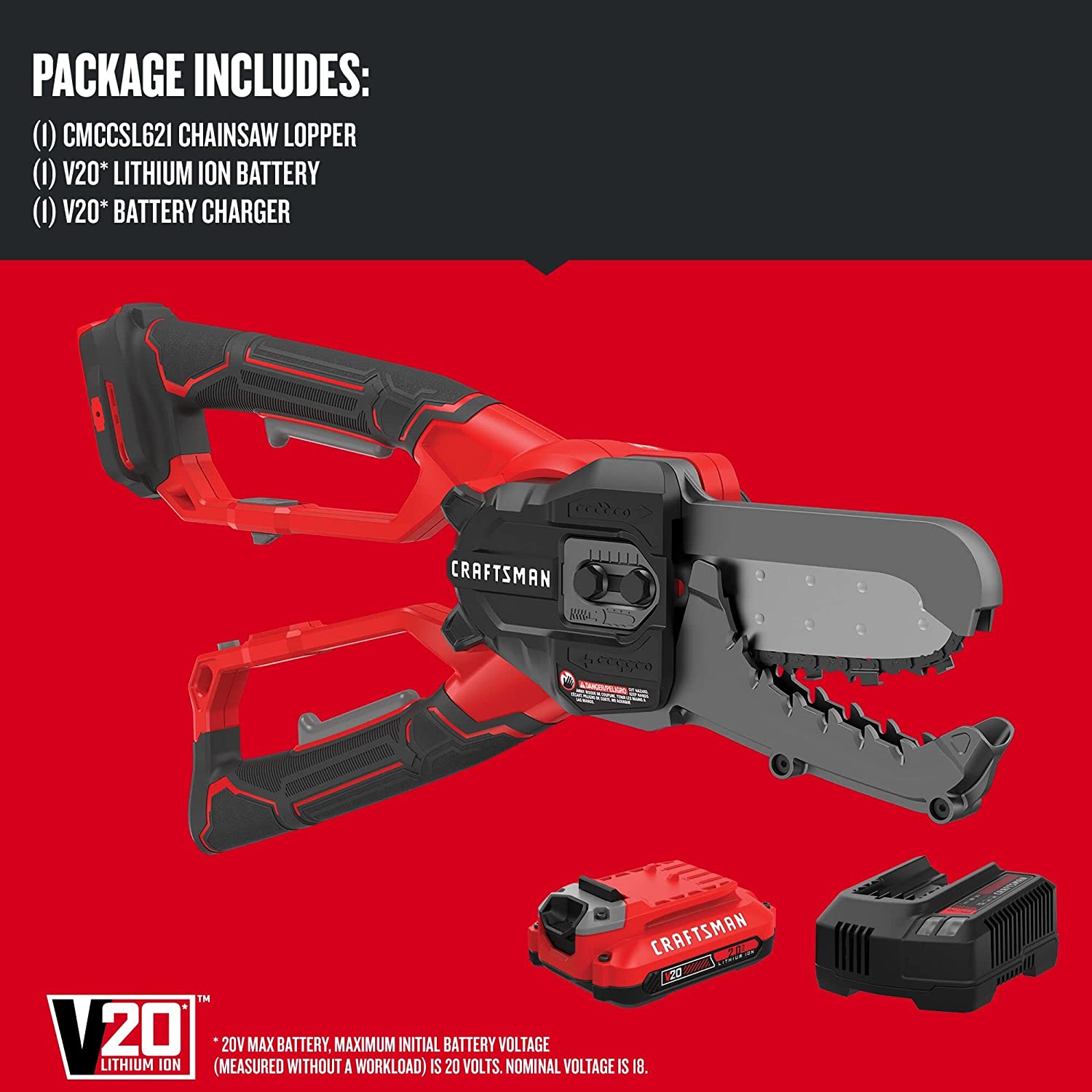 CRAFTSMAN V20 Cordless Lopper. 6 inch. Battery and Charger Included (CMCCSL621D1). Red