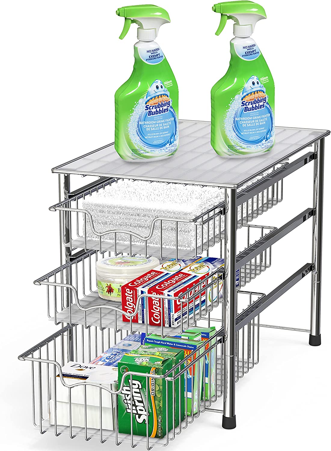Simple Houseware Stackable 3 Tier Sliding Basket Organizer Drawer. Chrome
