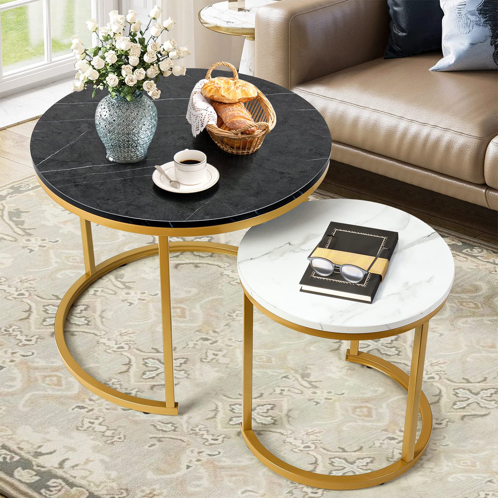 Amzdeal Coffee Tables for Living Room - Small Round Coffee Table Set of 2 Nesting Tables for Small Spaces. Black+White