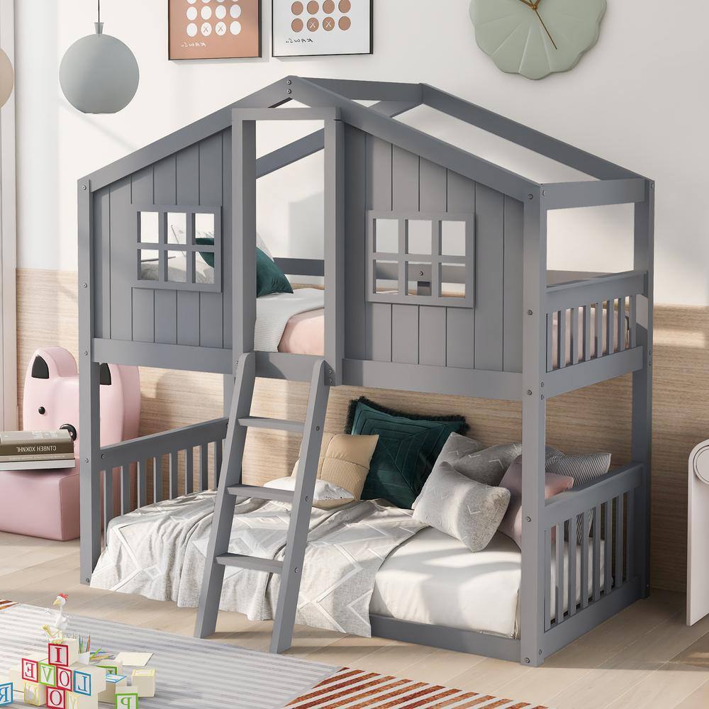 GODEER  Gray Twin Over Twin House Bunk Bed With Ladder. Wood Bed