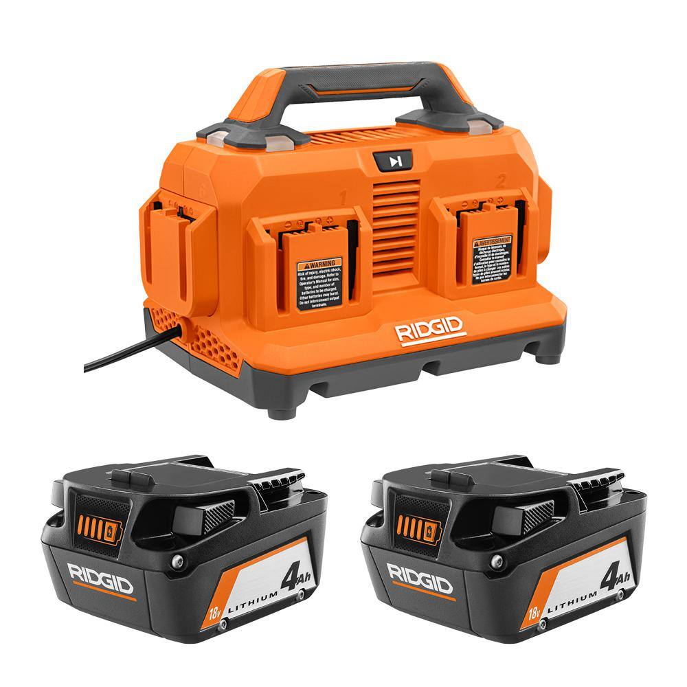 RIDGID AC86096-AC87004P 18V 6-Port Sequential Charger with 4.0 Ah Lithium-Ion Battery (2-Pack)