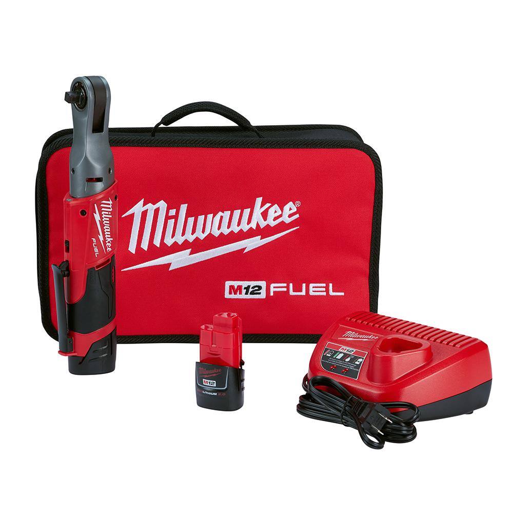 Milwaukee 2557-22 M12 FUEL 12V Lithium-Ion Brushless Cordless 3/8 in. Ratchet Kit with (2) 2.0Ah Batteries. Charger & Tool Bag