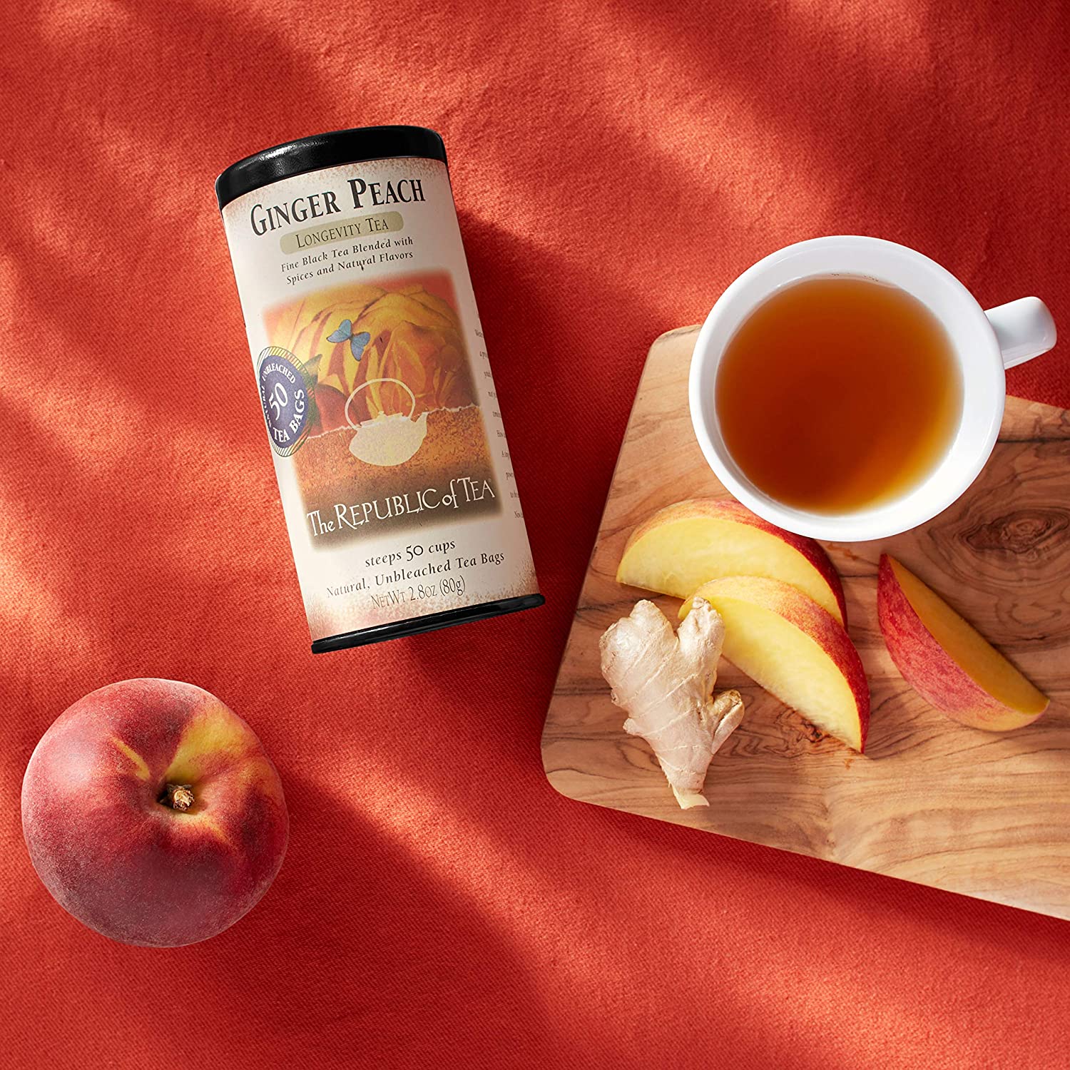 The Republic of Tea Ginger Peach Black Tea. Caffeinated. 50 Count