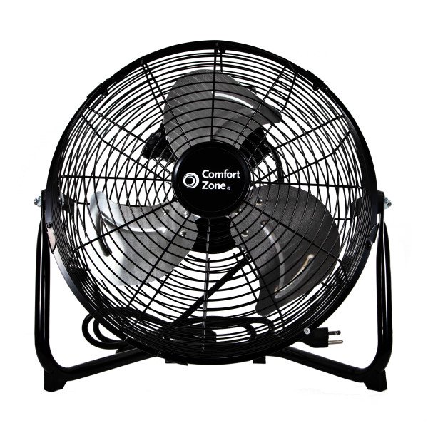 Comfort Zone 12 3-Speed Cradle/Floor Fan with 180-Degree Adjustable Tilt. All-Metal Construction. Rubber Feet. and Carry Handle. Black