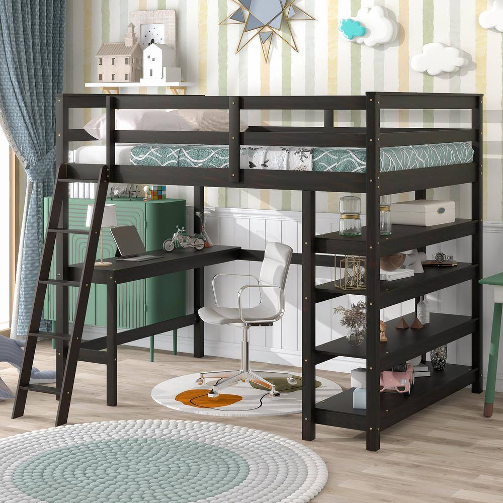 Harper & Bright Designs  Multifunctional Espresso Full Loft Bed with Desk. Ladder And Storage Shelves
