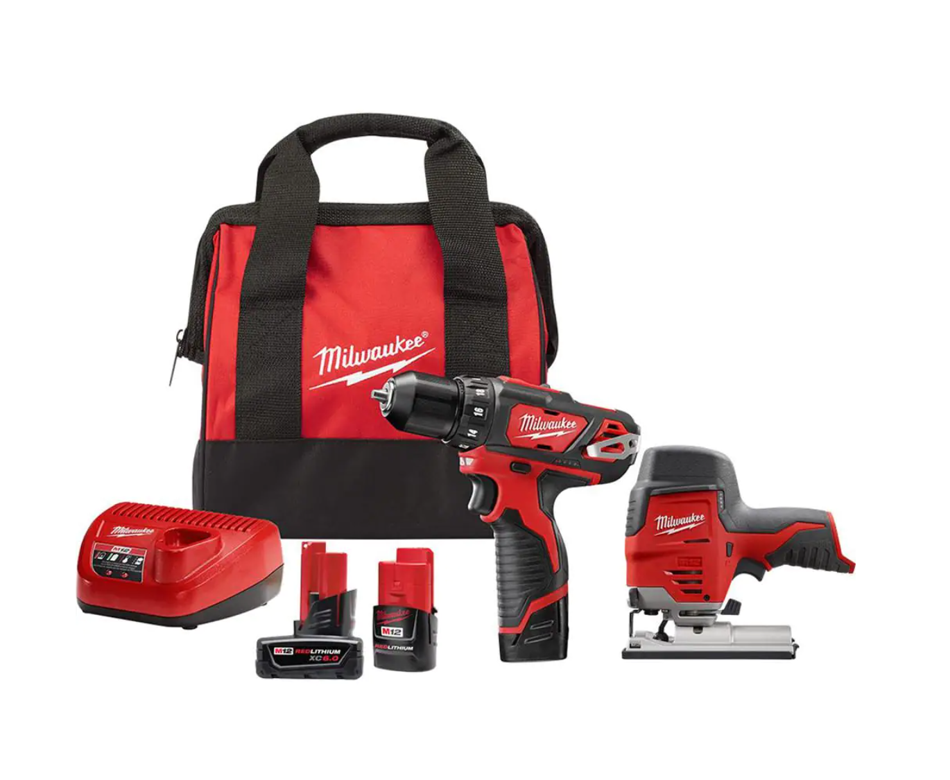Milwaukee 2407-22-2445-20-48-11-2460 M12 12V Lithium-Ion Cordless 3/8 in. Drill/Driver Kit with M12 Cordless Jig Saw and 6.0 Ah XC Battery Pack