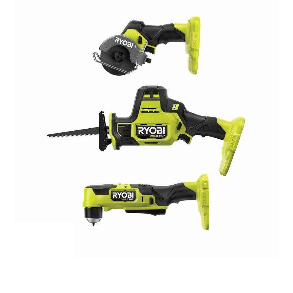 RYOBI PSBRA02B-PSBRS01B-PSBCS02B ONE+ HP 18V Brushless Cordless Compact 3/8 in. Right Angle Drill. One-Handed Recip Saw. and Cut-Off Tool (Tools Only)