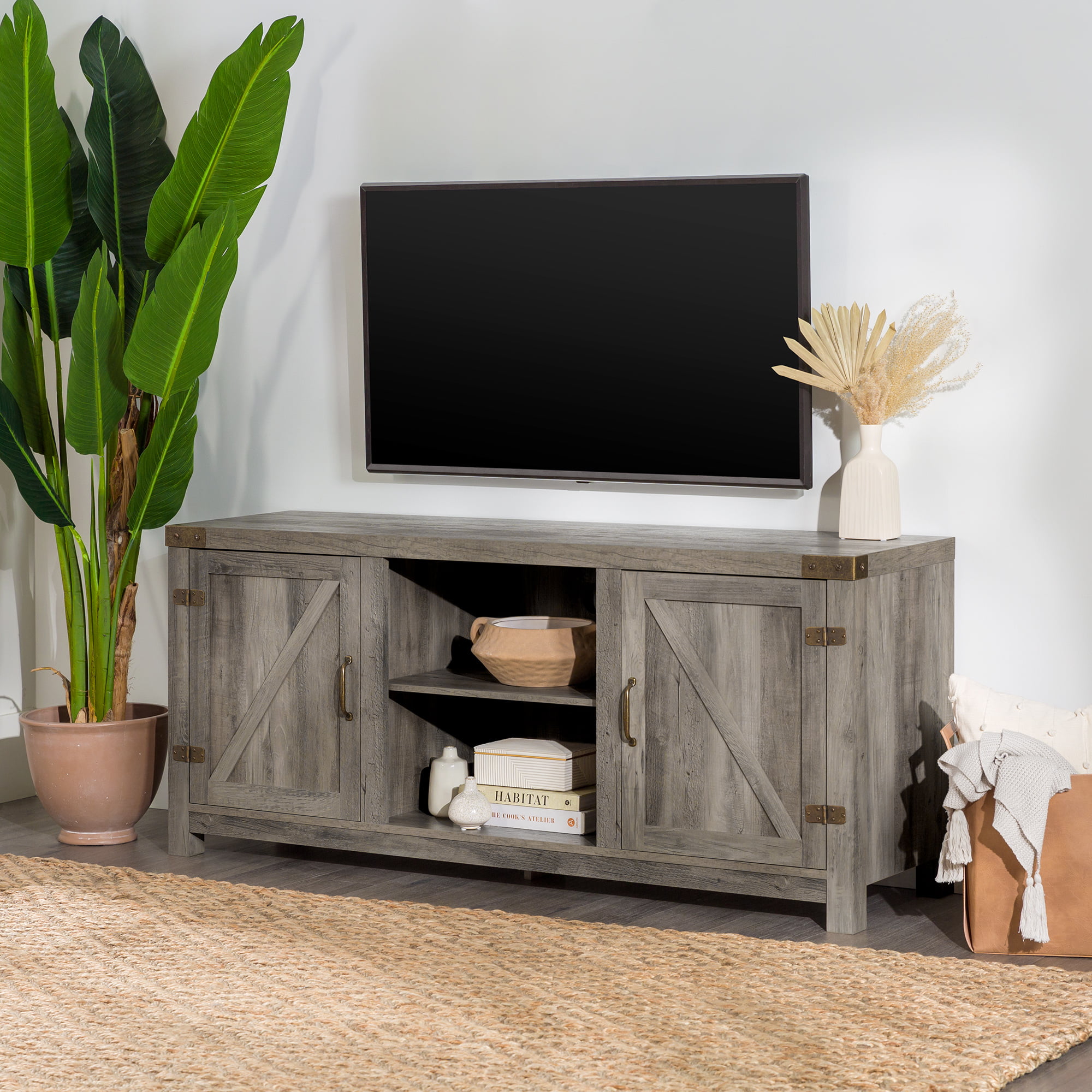 Woven Paths Modern Farmhouse Barn Door TV Stand for TVs up to 65″. Grey Wash