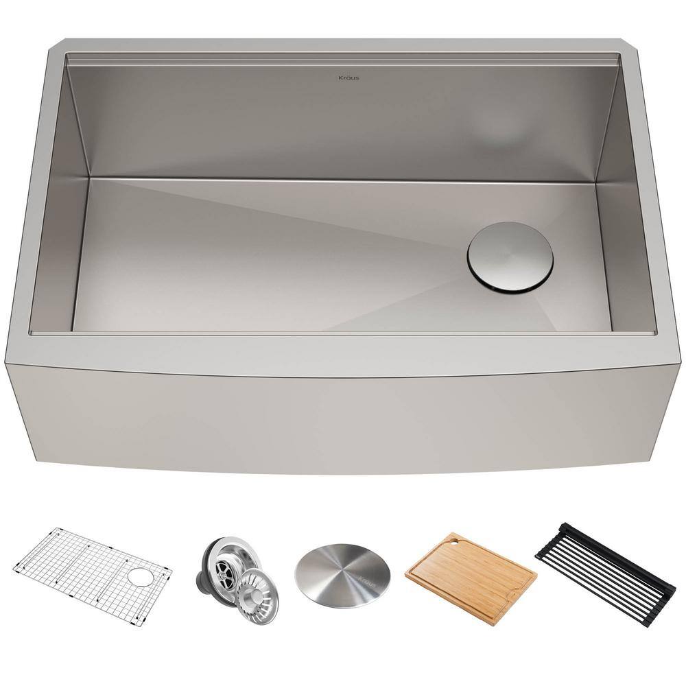 KRAUS 1005274471 Kore 16-Gauge Stainless Steel 30 in. Single Bowl Farmhouse Apron Workstation Kitchen Sink with Accessories