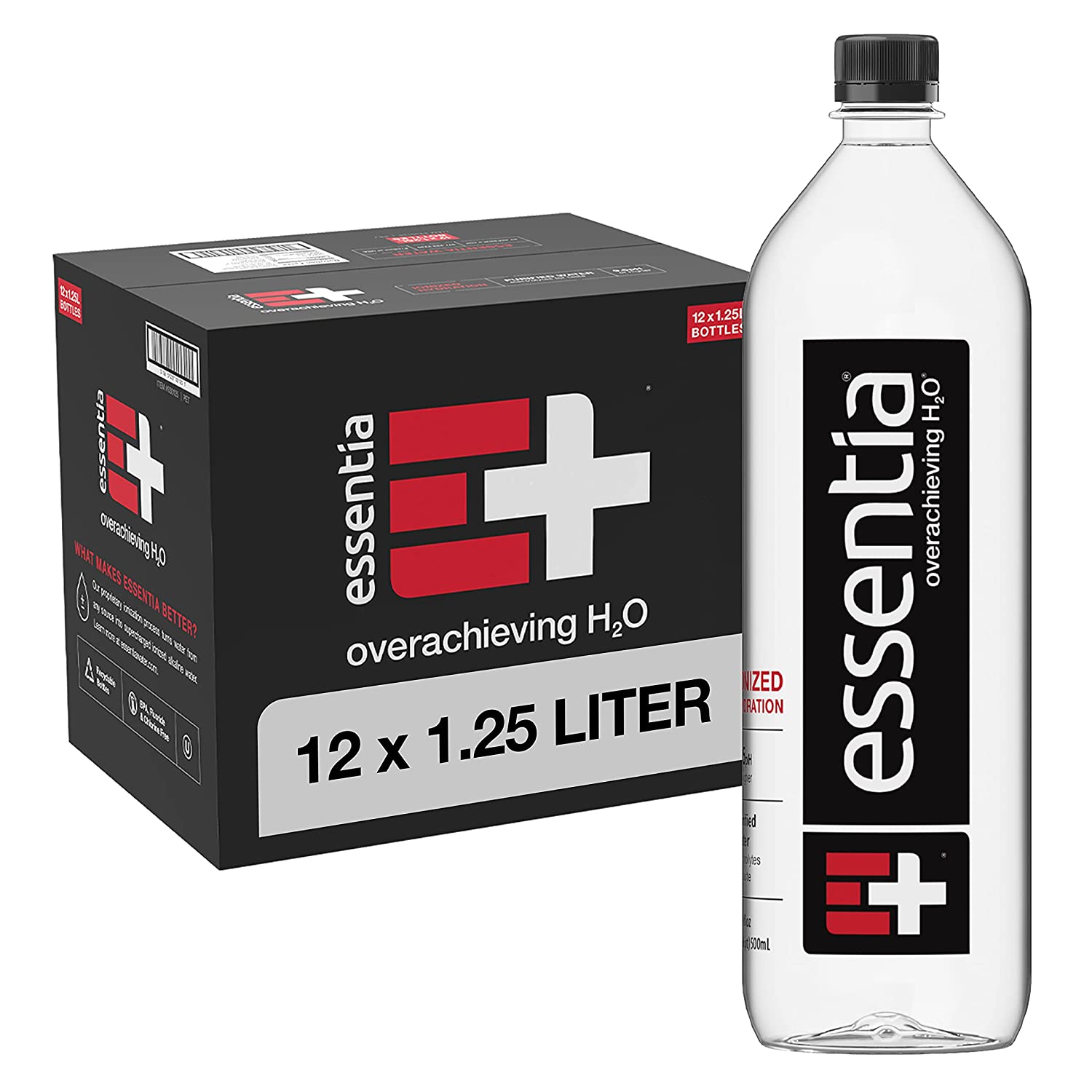 Essentia Water 1.25 Liter. Pack of 12 Bottles. Black