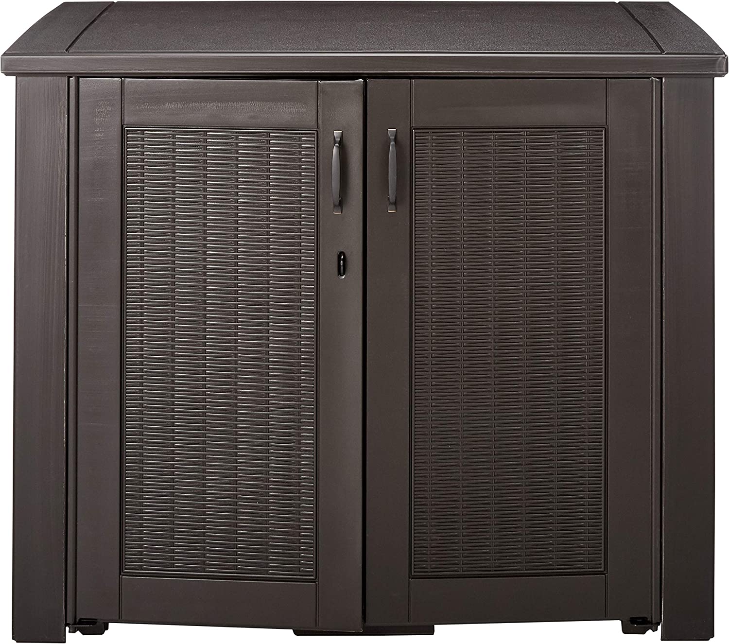 Rubbermaid Patio Chic Resin Weather Resistant Outdoor Storage Deck Box. 123 Gal.. Black Oak Rattan Wicker Basket Weave. for Garden/Backyard/Home/Pool