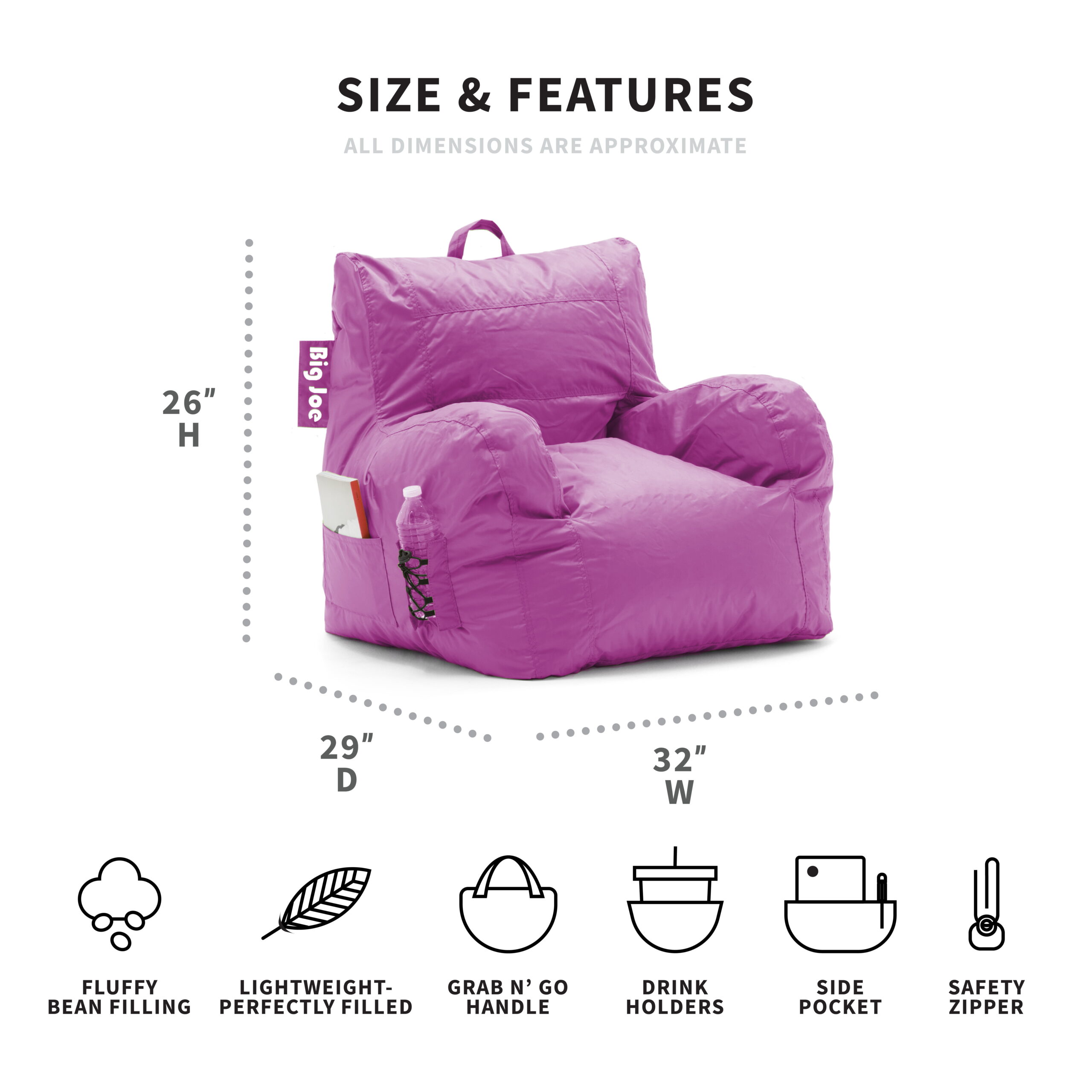 Big Joe Dorm Bean Bag Chair. Kids/Teens. Smartmax 3ft. Radiant Orchid