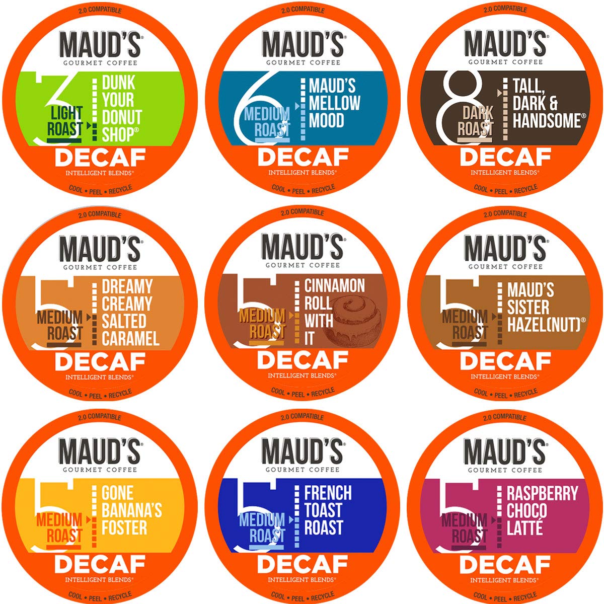 Maud-s Decaf Coffee Variety Pack. 80ct. Solar Energy Produced Recyclable Single Serve Swiss Water Processed Decaf Coffee Pods - 100% Arabica Decaffeinated Coffee California Roasted. KCup Compatible