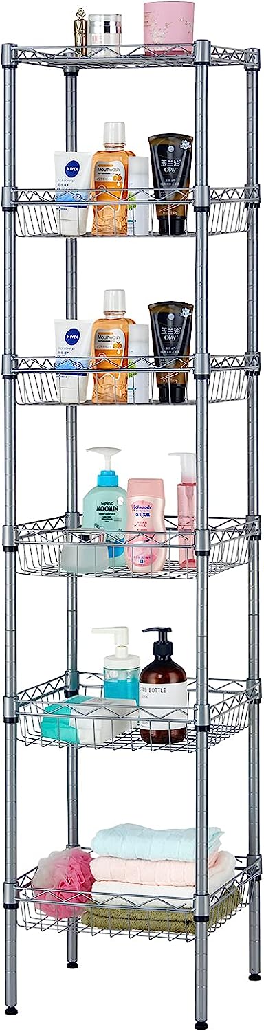 SINGAYE Storage Shelves. 6-Tier Wire Shelving Unit with Baskets Storage Rack Corner Shelf Shelving Adjustable Storage Shelf. Medium. 13.4″ D x 13.4″ W x 62.99″ H.Silver
