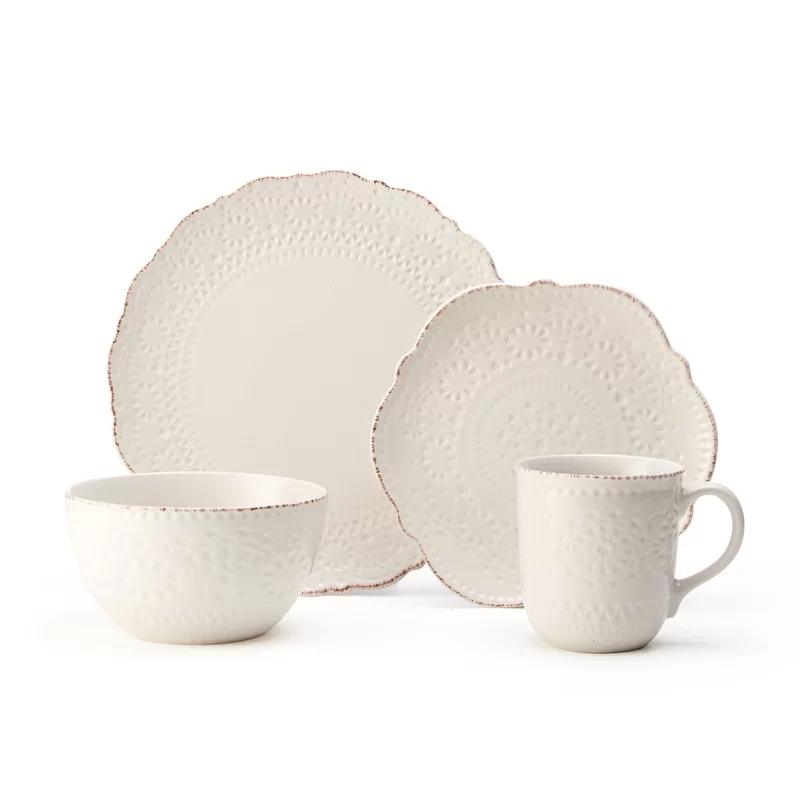 Pfaltzgraff 5143149 Chateau Cream 16-Piece Stoneware Dinnerware Set. Service for 4. Off White