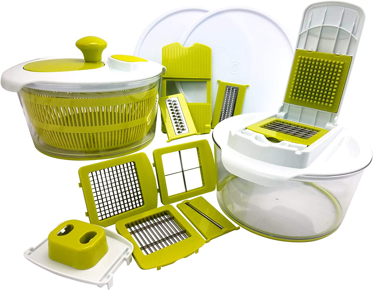 MegaChef 10-in-1 Multi-Use Salad Spinning Slicer. Dicer & Chopper with Interchangeable Blades & Storage Lids