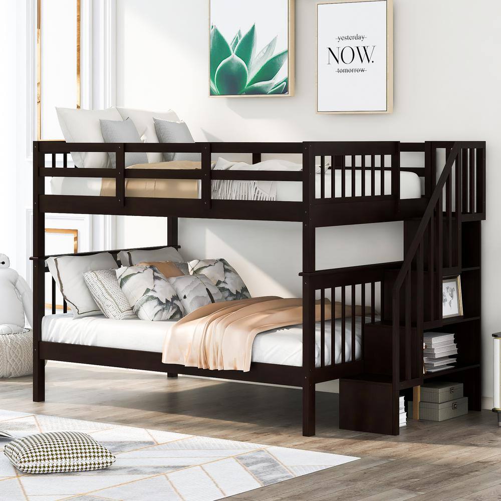 Harper & Bright Designs  Dark Brown Full Over Full Wooden Bunk Bed with Storage Stairway