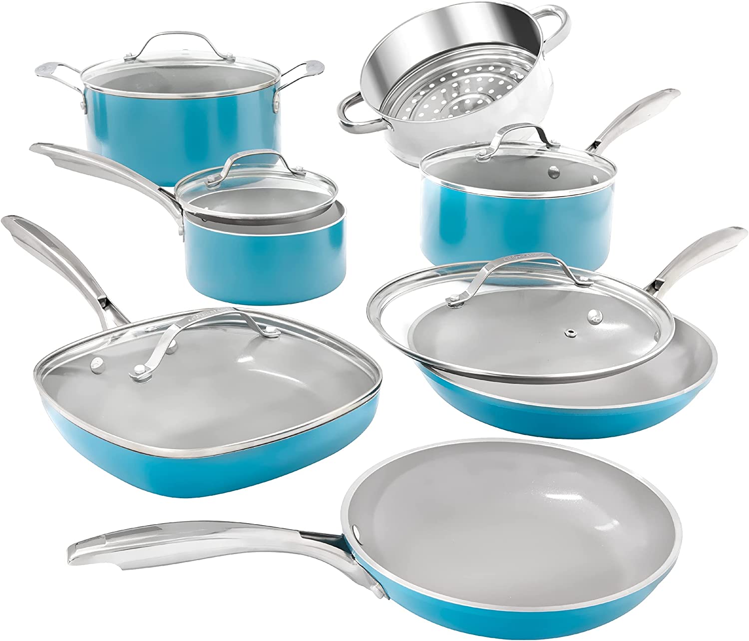 Gotham Steel Aqua Blue Pots and Pans Set. 12 Piece Nonstick Ceramic Cookware Set. Includes Frying Pans. Stockpots & Saucepans. Stay Cool Handles. Oven & Dishwasher Safe. 100% PFOA Free. Turquoise