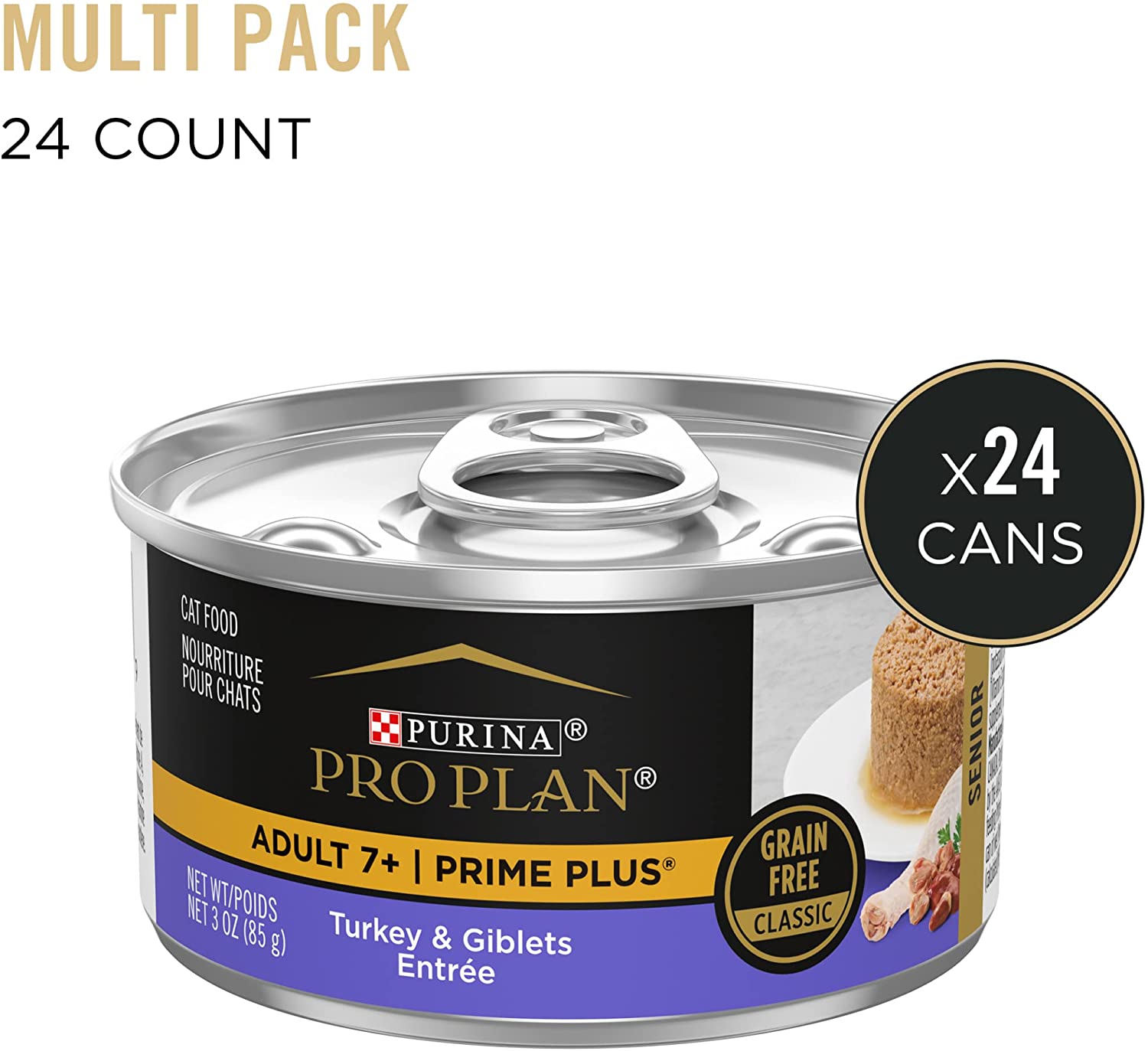 Purina Pro Plan Grain Free Senior 7+ Wet Cat Food Pate. SENIOR Prime Plus Turkey and Giblets Entree - (24) 3 oz. Pull-Top Cans
