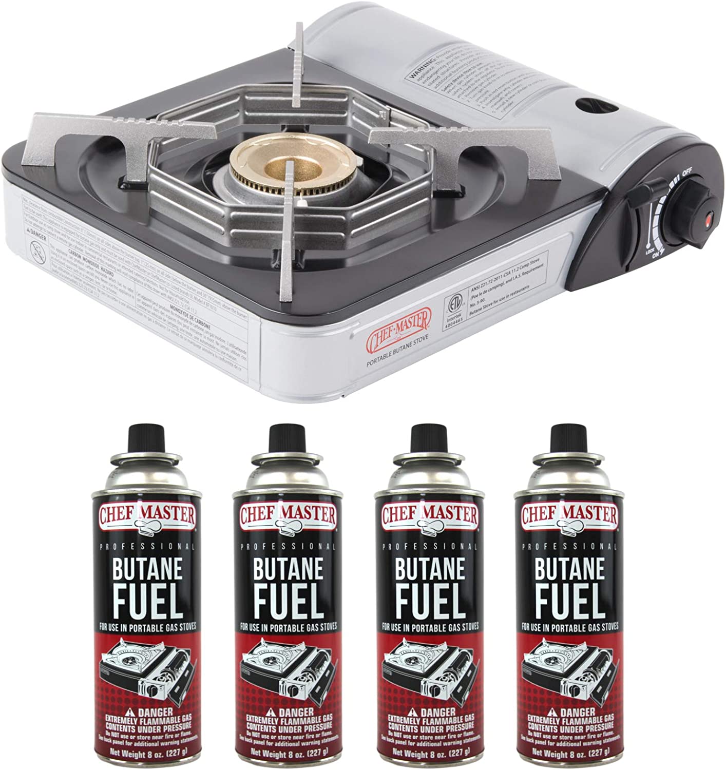 CHEF MASTER 90011 Portable Butane Stove | 10.000 BTU Outlet | Single Burner Camp Stove + 4 Fuel Canisters