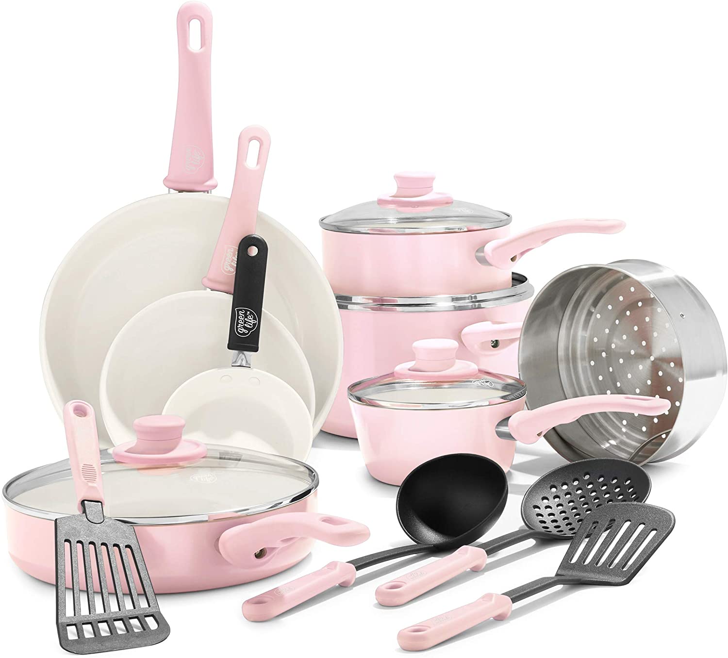 GreenLife Soft Grip Healthy Ceramic Nonstick. 16 Piece Cookware Pots and Pans Set. PFAS-Free. Dishwasher Safe. Soft Pink
