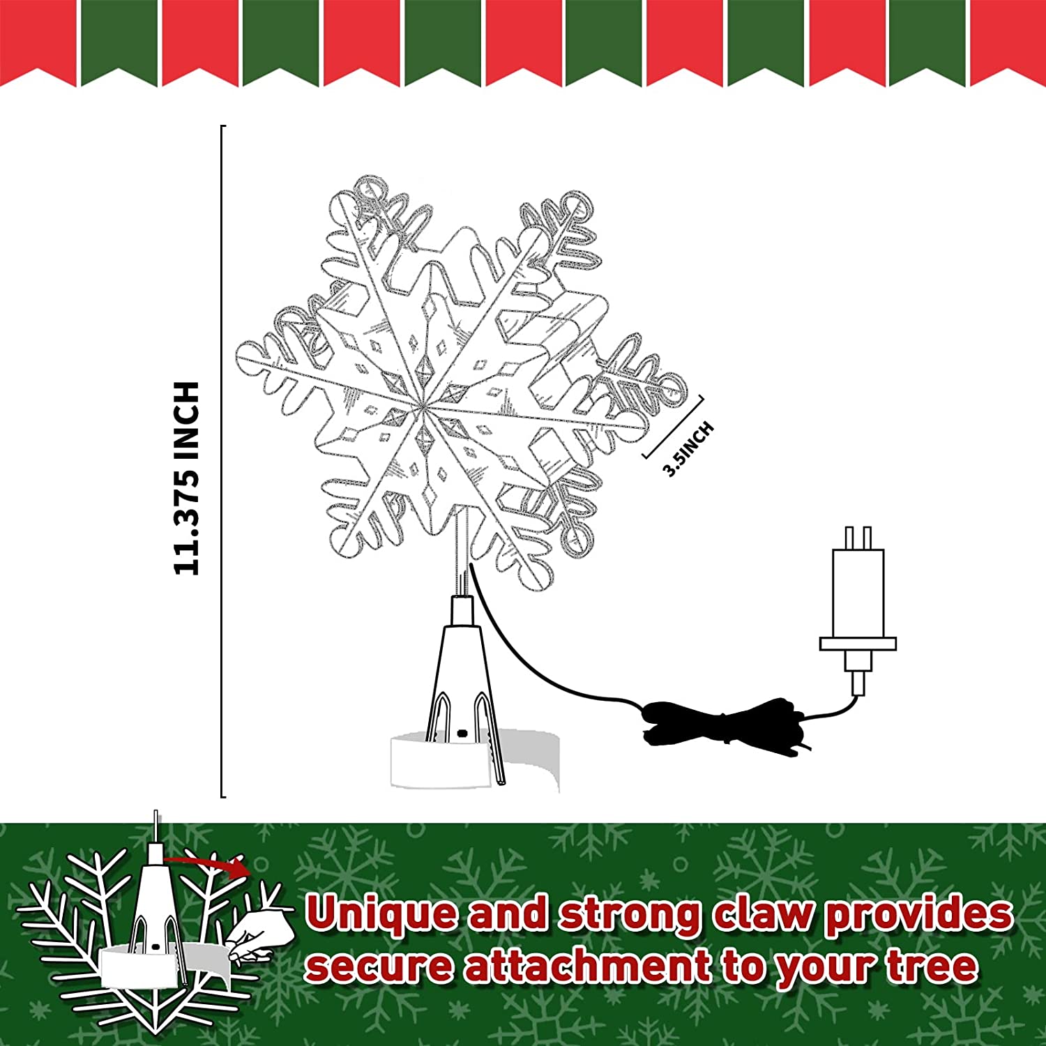 EAMBRITE 9″ Hollow Silver Snowflake Christmas Tree Top Lights with Rotating