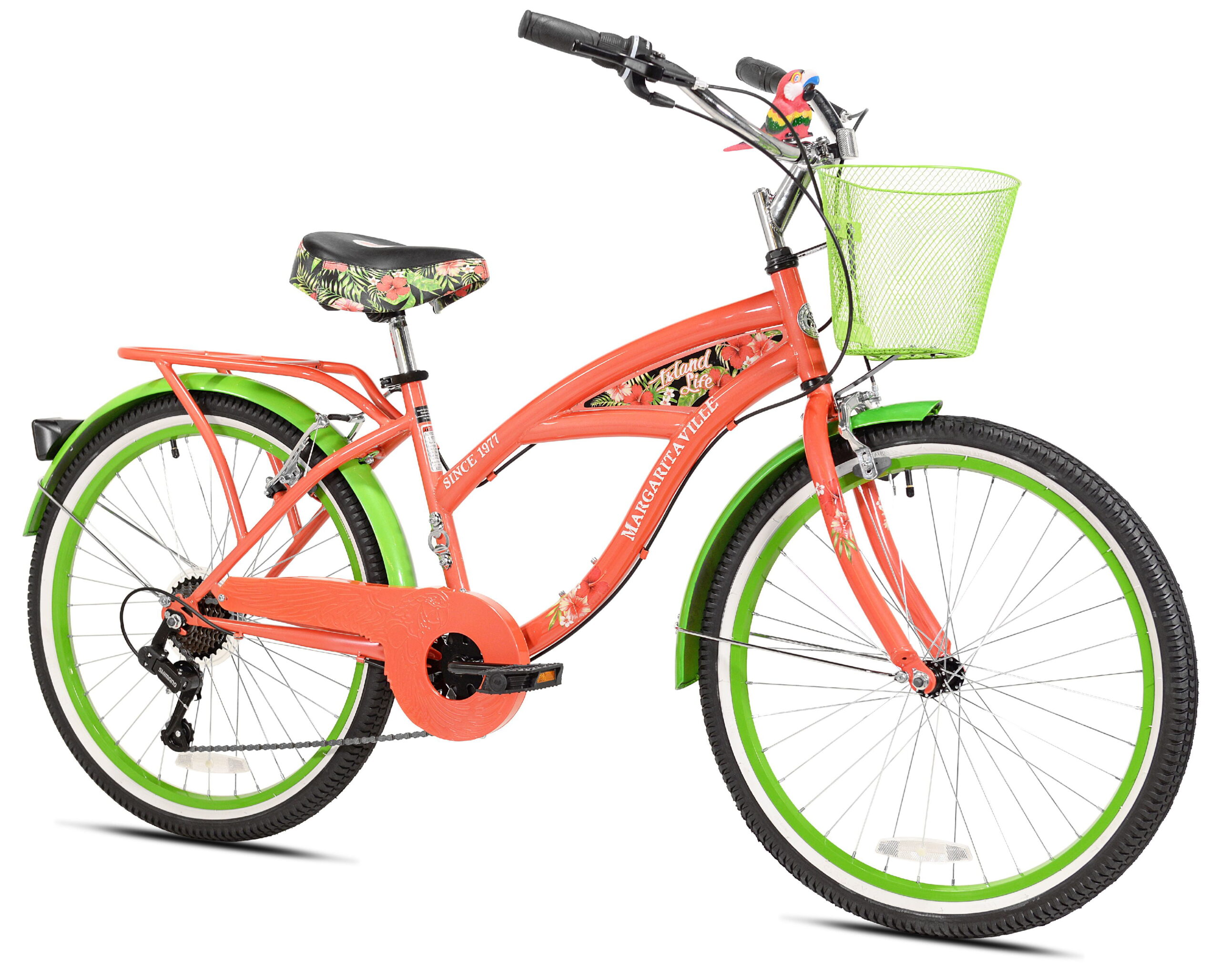 Margaritaville 24″ Island Life Multi Speed Girl-s Bike. Coral/Green